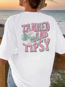 Camiseta Casual de Verano para Mujer de Talla Grande con Estampado de Palmera y Cuello Redondo, Manga Corta, Camisetas Gráficas para Mujer - Blanco - Ver 1