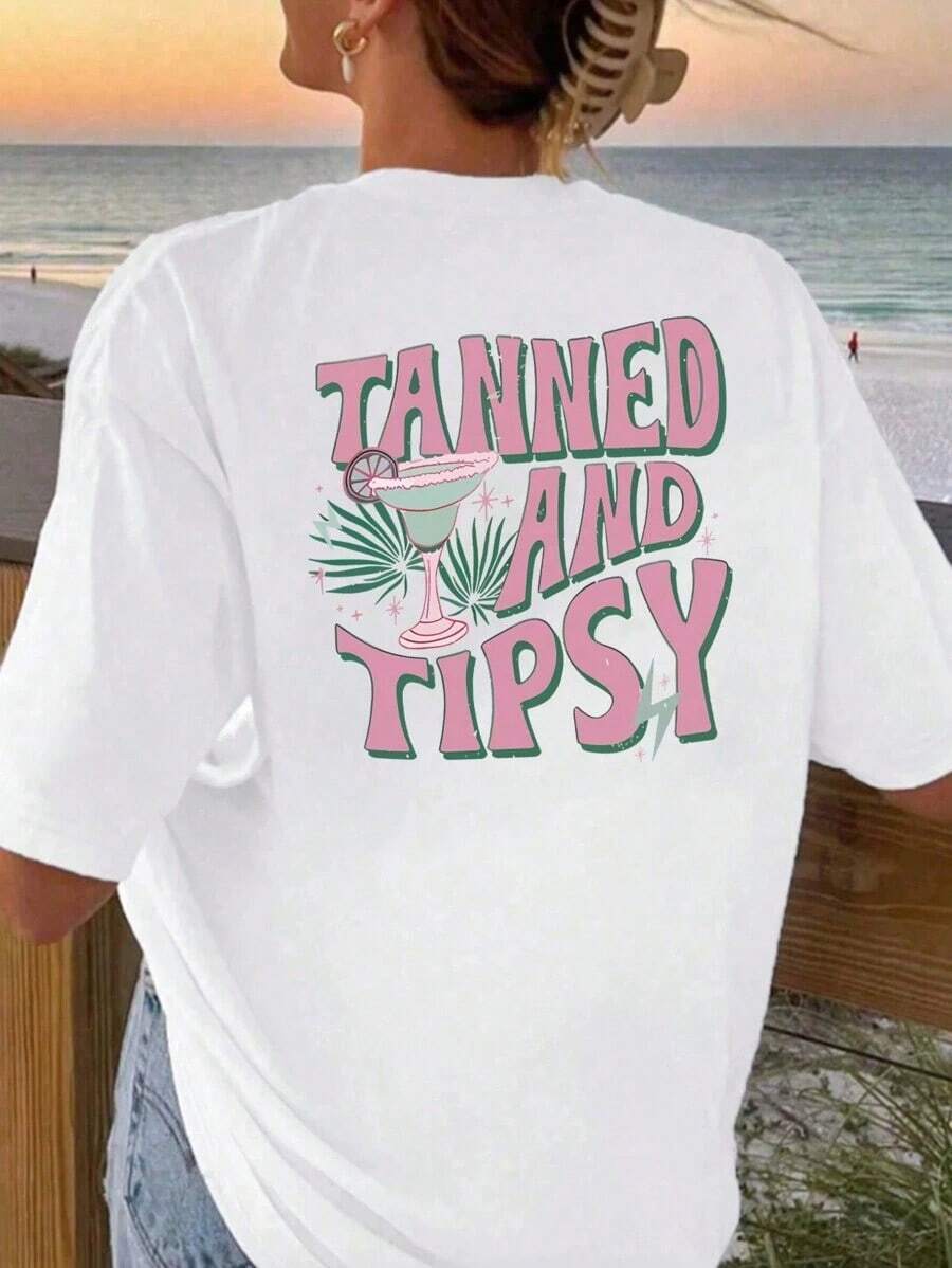 Camiseta Casual de Verano para Mujer de Talla Grande con Estampado de Palmera y Cuello Redondo, Manga Corta, Camisetas Gráficas para Mujer - Blanco - Ver 1