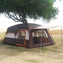 KTT - Tienda de campaña extragrande para 10 12 o 14 personas estilo B familiar con 2 habitaciones 3 puertas y 3 ventanas con malla pared recta impermeable doble capa para exteriores - Marrn12 - Ver 2