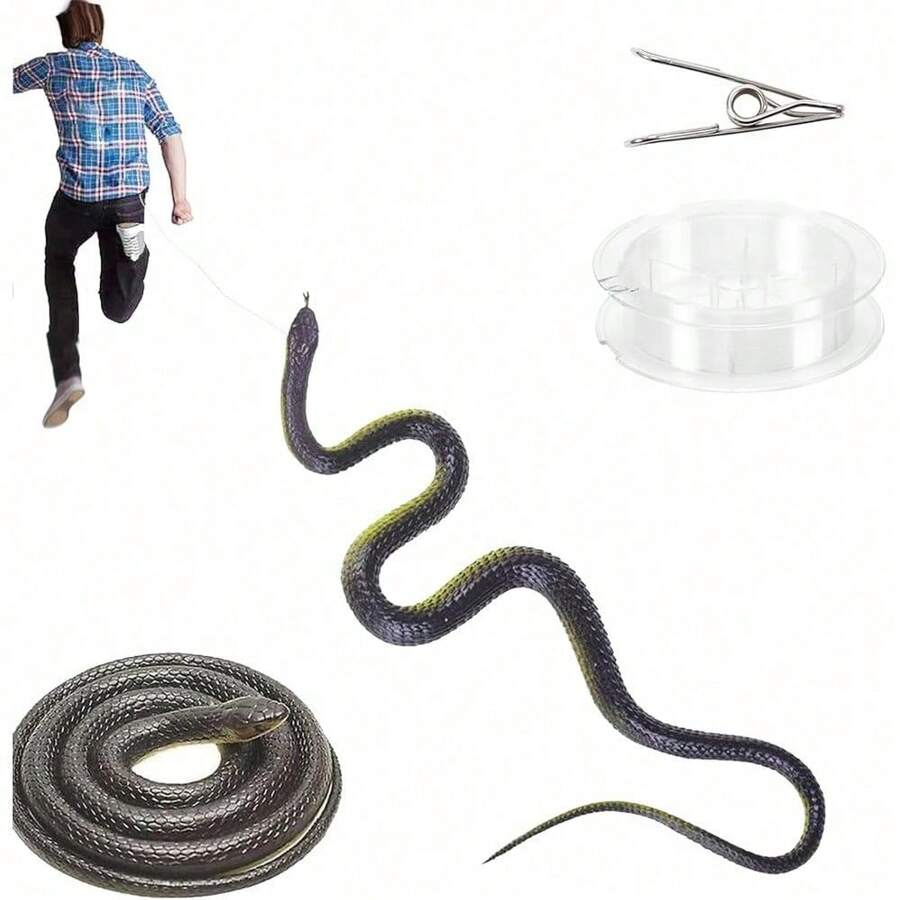 逼真橡胶恶作剧蛇，成人玩笑蛇带绳夹，拉绳蛇恶作剧追人，恶作剧礼物 - 彩色 - 查看 1