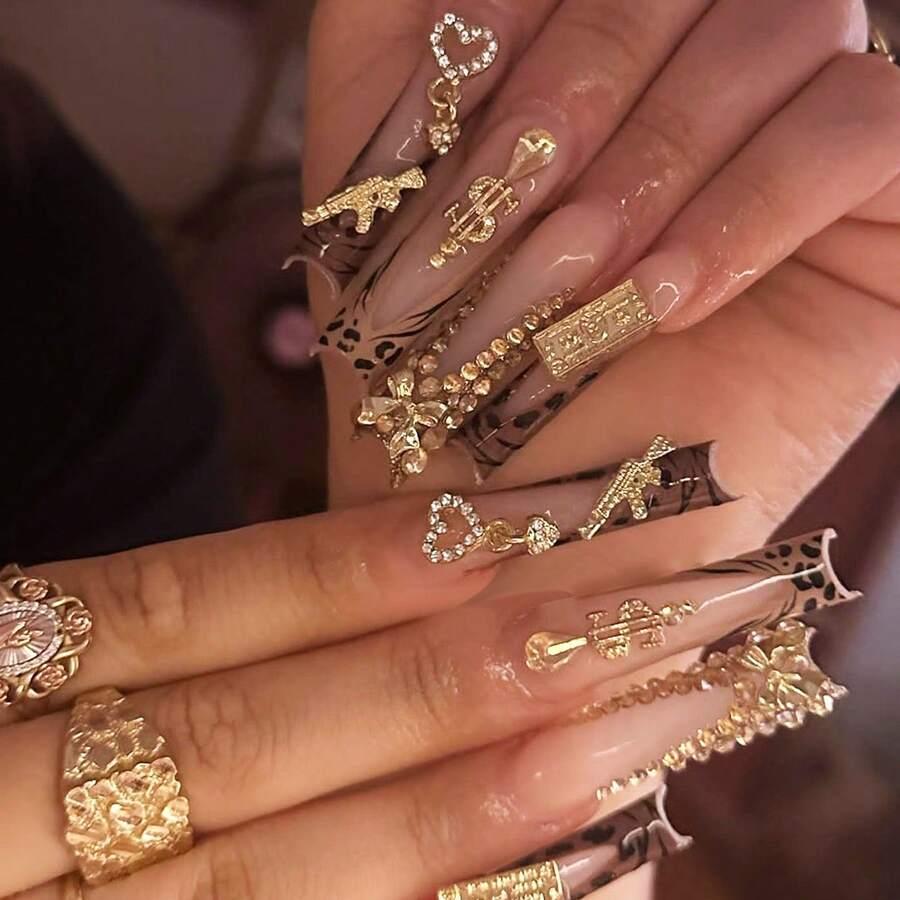 24pcs Y2K Style Pink Rectangle Press-On Nails, Leopard Print French Tip Design With Rhinestones, Hearts, Guns, Music Notes And Bows Decorations, High Gloss Full Coverage, Suitable For Women And Girls Daily Wear, Party And Date Manicure Set - Multicolor - View 1