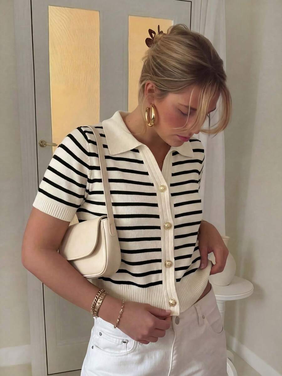 女士撞色条纹 Polo 领针织纽扣前襟修身短袖上衣 春季