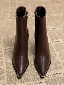 2025秋冬新款时尚尖头棕色粗跟踝靴，法式高端修身侧拉链踝靴，百搭优雅 - 棕色 - 查看 2