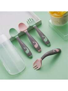 Set de 2 cucharas y tenedores para niños, adecuado para alimentación y entrenamiento - Cuchara y tenedor flexibles 360° con caja de almacenamiento - Verde - Ver 10