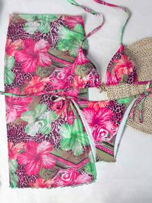 3pcs Plus Size Leopard Print Floral Sexy Swimsuit Set, Metal Starfish Decor, Removable Pads, Women Summer Dress, Holiday Outfit, Dress, Ibiza Clothing, Women Swimwear, Bikini Set, Ladies Swimsuit, Beach Wear, Holiday Set, Beach Dress, Women Bikini Set, Swimsuit Vacation - Multicolor - View 3