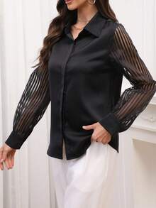 Camisa de manga larga de satén de unicolor y holgada para mujer, nueva llegada de primavera/verano. Blusa de oficina con cremallera delantera de unicolor y parche de malla, color negro. - Negro - Ver 9