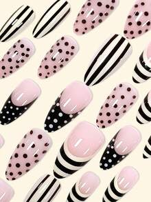 24pcs Press On Nails Long Almond French Nails Y2k Pink Nails Black And White Stripes Reusable Press On Acrylic Nails Fake Nails Supplies Free Of 24 Pieces Of Jelly Tabs And A Mini File - Baby Pink - View 3