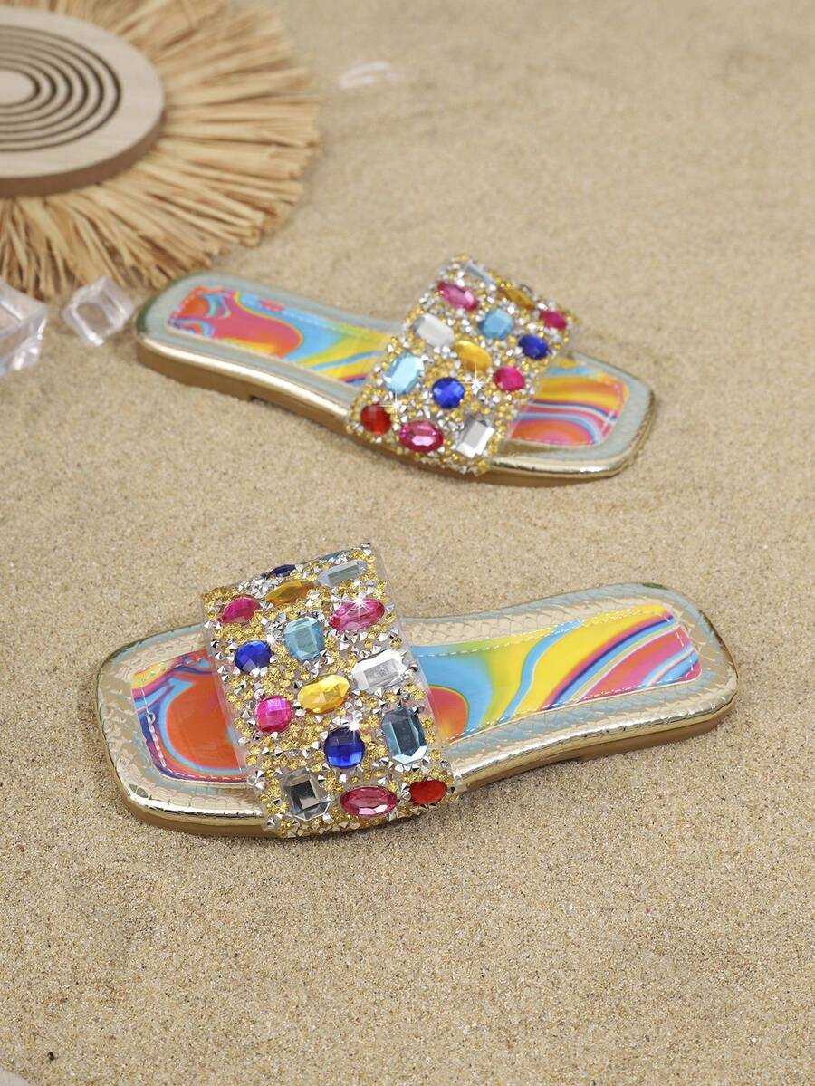 Dép thời trang trẻ em, dép đi biển mùa hè cho bé gái, kiểu mũi vuông đính đá lấp lánh mới. - Nhiều màu - Xem 1