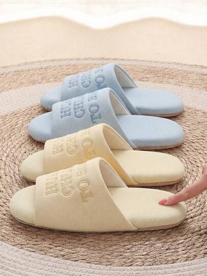 Pantuflas bordadas para mujer, para interiores/exteriores, diseño con letras, pantuflas planas de estilo japonés, aptas para todas las estaciones, pantuflas de casa de punta abierta y con puntos redondos