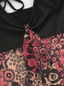 ENGU CO. Y2K Urlaubsstil Samt Bust Patchwork abstrakter Muster Rüschen Saum Camisole Top - Verschiedenfarbig - Übersicht 5