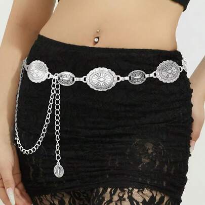 Cadena de cintura metálica ajustable | Colgante redondo retro con relieve, adecuado para vestidos, vaqueros, estilo bohemio, casual de playa, cadena de cinturón de aleación de zinc