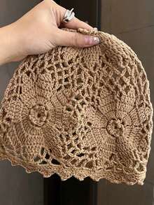 1pc Handmade Crochet Floral Hollow Breathable Mesh Solid Color Beanie Hat For Women, Fashionable Breathable Knitted Cap Suitable For Spring/Summer, Outdoor, Commuting, Gift For Friends - Knitted Hat - View 5