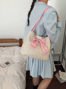 Fashionable Straw Bow Decor Shoulder Bag, Suitable For Girls And Ladies, For Vacation And Beach - Pink - View 4