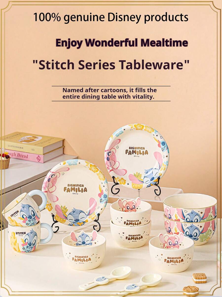 Disney Juego de vajilla de cerámica con diseño de Stitch, cuenco de arroz para el hogar, juego de cuenco y plato de alta calidad, set de regalo - Multicolor - Ver 1