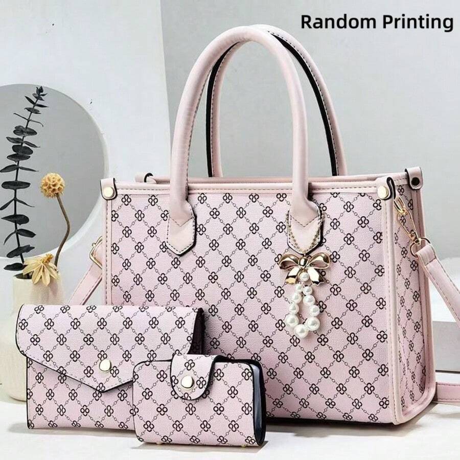 M MENGYISCC 3pcs New Fashion Women Handbag Set, High-End Tote Bag, Large Capacity Shoulder Bag, Suitable As Mother's Day Gift - Pink - View 1