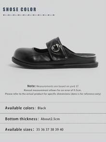 HUANQIU 复古玛丽珍闭趾女鞋 2026 春季新款黑色软面金属扣懒人穆勒鞋，穿着舒适不累；甜美又酷炫，充满暗黑复古玛丽珍风，甜美女孩也能穿出酷女孩范儿 - 黑色 - 查看 1