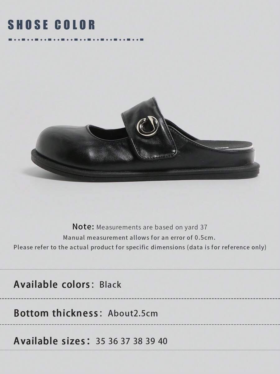 HUANQIU 复古玛丽珍闭趾女鞋 2026 春季新款黑色软面金属扣懒人穆勒鞋，穿着舒适不累；甜美又酷炫，充满暗黑复古玛丽珍风，甜美女孩也能穿出酷女孩范儿 - 黑色 - 查看 1