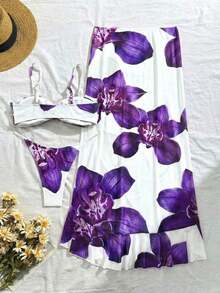 3pcs Women's Floral Print Elegant Sexy Backless 3D Flower Beach Dress Bikini Set, Spring/Summer Vacation - 白色 - 查看 3