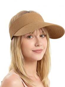 1pc Women's Foldable Sun Hat, Ponytail Hole Beach Hat, Straw Brim Outdoor Sun Protection Hat, Spring/Summer - Multicolor - View 4