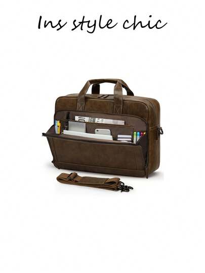 This Dark Brown Solid Color Laptop Bag Features A Retro Style, A Large Capacity, And A Fashionable Zipper Design. It's Versatile And Suitable For Business Trips, Daily Commutes, And Shopping.