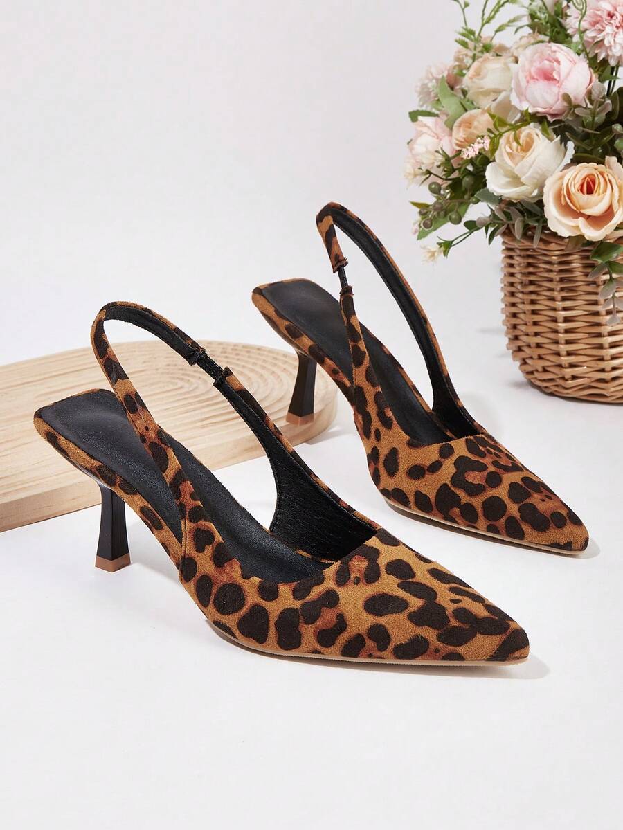 Women's Pointed Toe Leopard Print Slingback High Heel Pumps, Elegant Office & Commute Shoes For Spring/Summer - Leopard - View 1