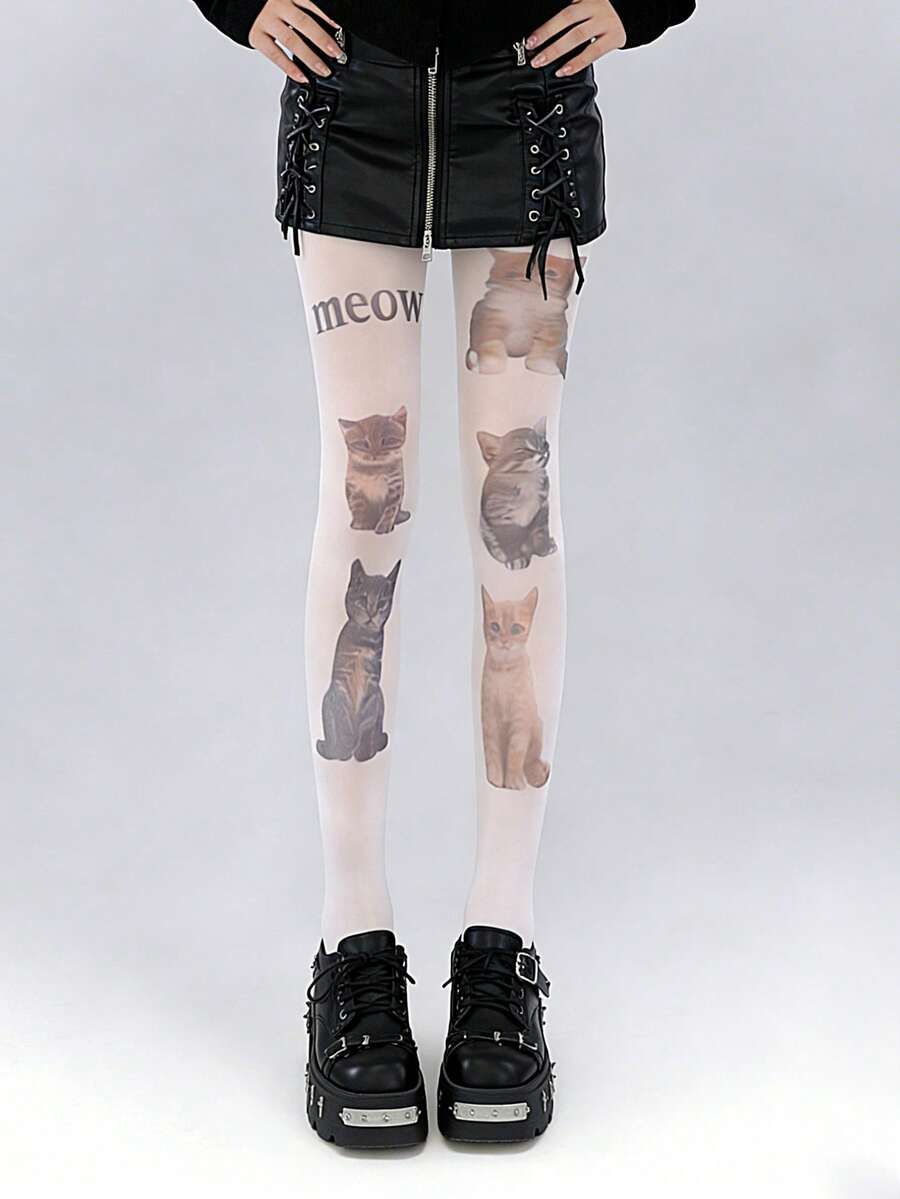 1双女士可爱小猫印花透明连裤袜，白色透明尼龙丝袜，朋克街头风时尚腿部服饰，适合日常休闲外出穿着 - 彩色 - 查看 1