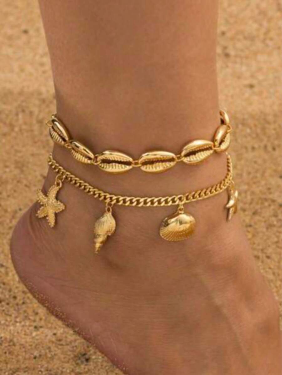 2pcs/Set Fashionable Multi-Layer Chain Shell Anklet For Women, Summer Island Vacation Gift - Gold - View 1