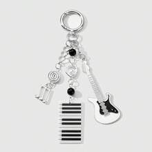 1pc Y2K Retro Cool Silver Headphone, Cassette Tape, Music Note Keychain; 1pc Silver Star Guitar, Microphone Keychain; 1pc Silver Heart Guitar, Pearl Tuba Keychain; 1pc Black & White Piano Key, Guitar, Music Note Pendant Keychain - Multicolor - View 10