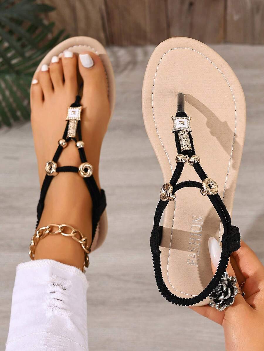 2026 New Summer Fashion Bohemian Flat Sandals, Thong Style, Beaded Straps, Black, Rhinestone, Retro Beach Shoes - Black - View 1