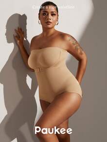 1pc Women Plus Size Seamless Strapless Jumpsuit, Removable Strap, Slimming, Shaping, Black, Summer - Apricot - View 9