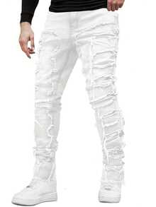 Stacked Jeans Mens Ripped Jeans Distressed Patchwork Straight Leg Y2k Skinny Denim Pants Hip Hop Slim Fit Trousers - 白色 - 查看 1