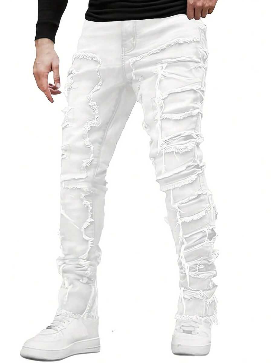 Stacked Jeans Mens Ripped Jeans Distressed Patchwork Straight Leg Y2k Skinny Denim Pants Hip Hop Slim Fit Trousers - 白色 - 查看 1