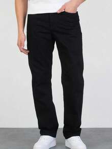 Jeans casuales de pierna recta lavados estilo Y2K para hombres, pantalones vaqueros minimalistas de denim negro - Negro - Ver 3