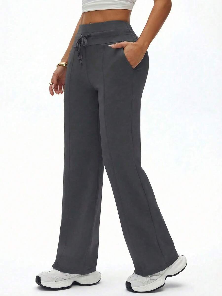 Women's High Waist Wide Leg Casual Pants (With Side Pockets) - Daily Casual Style Sports - Dark Grey - View 1