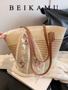 新款女士条纹草编手提包，蕾丝玫瑰流苏大容量单肩包，夏季海滩度假风 - 米色 - 查看 4