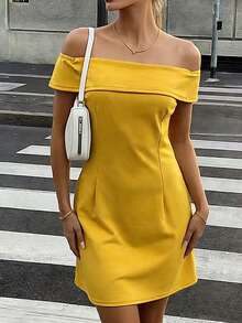 女士春夏时尚优雅休闲都市现代翻领露肩修身迷你连衣裙，女士商务休闲装，女士夏季休闲连衣裙，女士黄色连衣裙，休闲派对连衣裙 - 黃色 - 查看 1