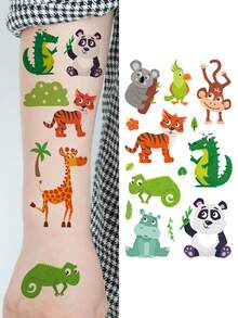 30张卡通临时纹身贴纸，包含狮子、老虎、猴子、长颈鹿、斑马和大象等一系列图案，展现了各种可爱的卡通动物风格（共300种设计）。这些防水且趣味十足的艺术化妆假纹身贴纸。 - 彩色 - 查看 3