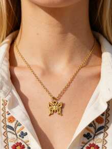 Mazuer 1件18K镀金不锈钢蝴蝶四叶花吊坠项链，法式简约锁骨链饰品，日常佩戴及女士礼物 - 彩色 - 查看 7