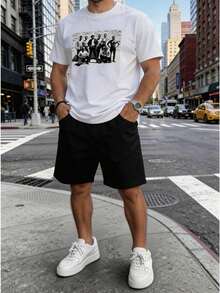 Conjunto para hombre estilo streetwear urbano con estampado gráfico divertido y letras algodón cómodo ajuste holgado cuello redondo manga corta primavera verano uso casual set de playera y shorts - Blanco 2 - Ver 2