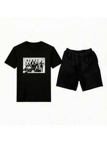 Conjunto para hombre estilo streetwear urbano con estampado gráfico divertido y letras algodón cómodo ajuste holgado cuello redondo manga corta primavera verano uso casual set de playera y shorts - Negro 2 - Ver 1