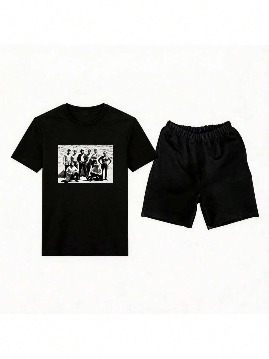 Conjunto para hombre estilo streetwear urbano con estampado gráfico divertido y letras algodón cómodo ajuste holgado cuello redondo manga corta primavera verano uso casual set de playera y shorts - Negro 2 - Ver 1
