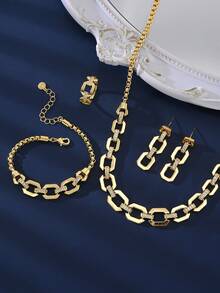 5-Piece Set. European/American 18K Gold Plated Geometric Shape Connection Zirconia Jewelry Set. Suitable For Women's Fashionable Rings, Ladies' Chain Necklaces, Earrings, Bracelets, And Rings. Ideal For Daily Simple Wear As A Great Gift. - Yellow Gold - View 5