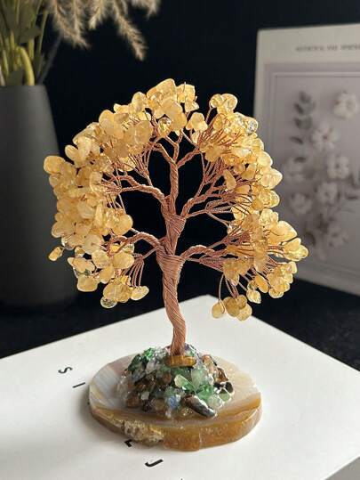 1 ชิ้น ต้นไม้เงินควอตซ์สีเหลือง, ของตกแต่งบ้าน, หินบำบัดคริสตัล, ฐานหินโมราธรรมชาติ, เหมาะสำหรับเป็นของขวัญให้เพื่อน