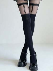 1 Pair Faux Thigh High Stockings, Black Lace Heart Print, Faux Garter Heart Leg Garter Tights, Japanese Style Slimming Black Pantyhose For Women - Black - View 1