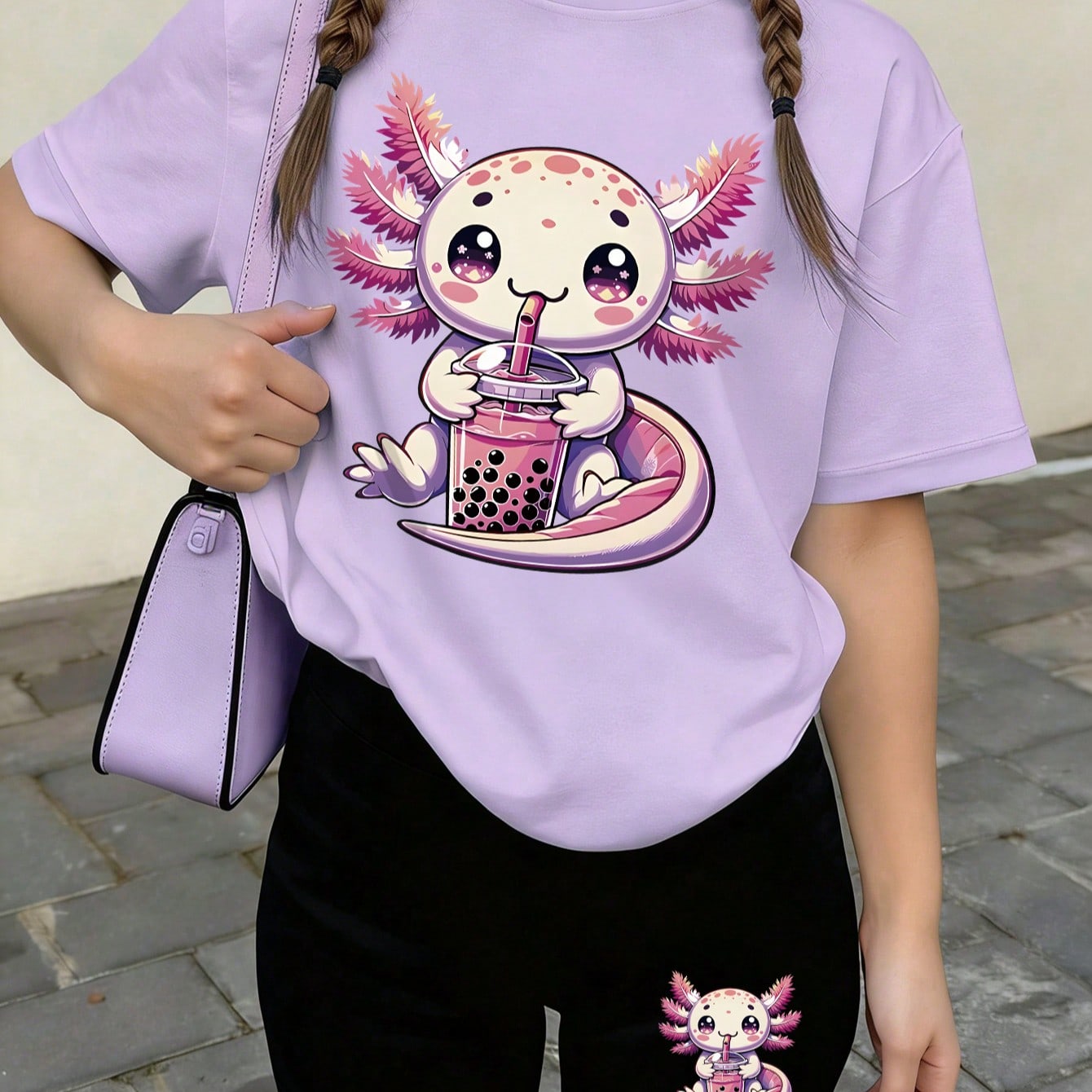 Piezas Conjunto informal para niñas, camiseta holgada con estampado de té de burbujas y dinosaurios linda emparejada con pantalones cortos decorados