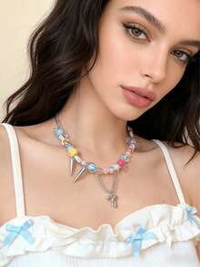 Collar de dopamina Y2K, collar de caramelos coloridos para mujeres, collar decorativo con cuentas de estrellas y lunas, joyería de flores de resina hecha a mano, adecuado para niñas jóvenes - vistoso - Ver 3