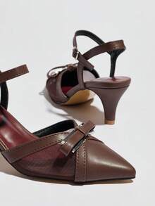 女士新款尖头细高跟蝴蝶结网纱拼接优雅时尚后跟镂空派对婚礼高跟鞋 - 棕色 - 查看 7