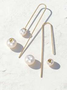 1对女士仿珍珠耳环，长款双珍珠耳环，金属流苏耳环，抛光简约奢华，适合春夏、海滩、通勤、派对、情人节礼物 - 金黃色+白色 - 查看 4
