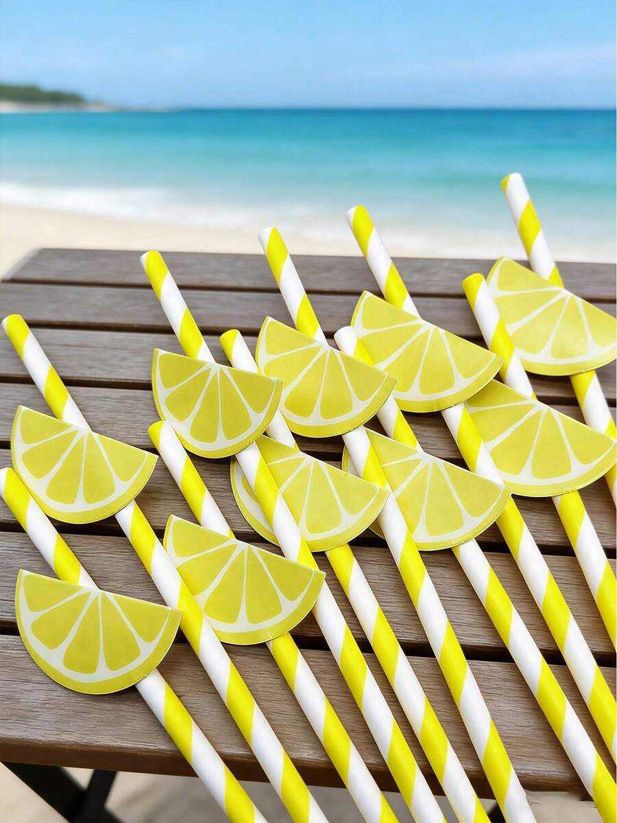20/50/100pcs Creative Lemon Pattern Party Paper Straws, Cute Cartoon Striped Paper Straws, Suitable For Birthday Party, Holiday Celebration, Dessert & Beverage Decoration, Party Decoration, Birthday Party, Pre-Wedding Party Supplies, Valentine's Day, Thanksgiving Gifts, 1/10 Pack - View 1