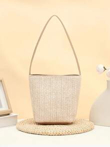 2026 New Minimalist Casual Chic Versatile Sunflower Straw Woven Bucket Bag, Women Tote Handbag For Beach Vacation - Khaki - View 5